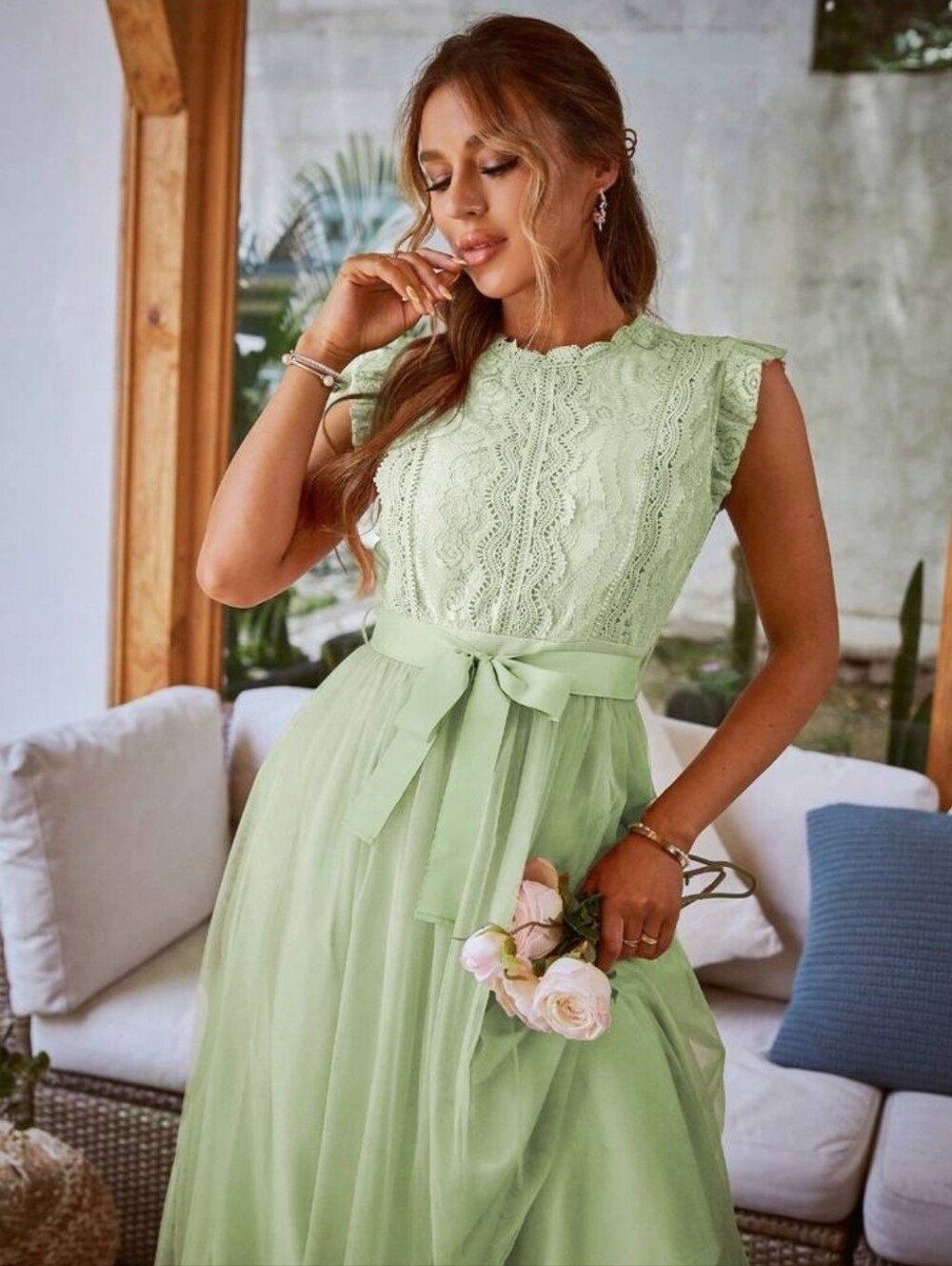Women's Simplee Brand Contrast Lace Mint Green Belted Mesh Midi Dress | SIZE L - Picture 5 of 9